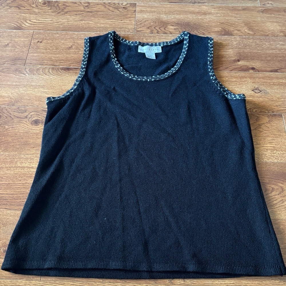 Vintage Doncaster Black wool blend Knit Sleeveless Tank with Tweed Trim size L